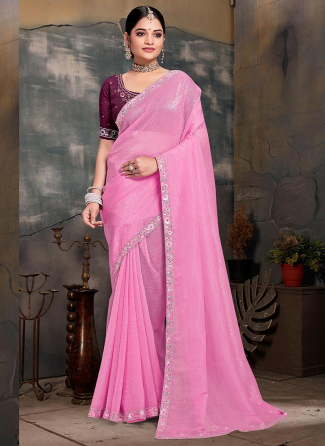 Currency Silk Pink Ceremonial Wear Embroidery Work Saree